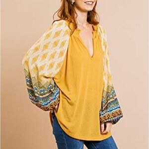 Umgee Mustard Tunic with Patterned Sleeves